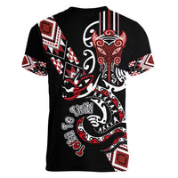 Aotearoa Toitu Te Tiriti-Honour the Treaty Women V-Neck T-Shirt Maori Taniwha Haka with Taniko and Tukutuku LT03 - Polynesian Pride