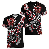Aotearoa Toitu Te Tiriti-Honour the Treaty Women V-Neck T-Shirt Maori Taniwha Haka with Taniko and Tukutuku LT03 - Polynesian Pride
