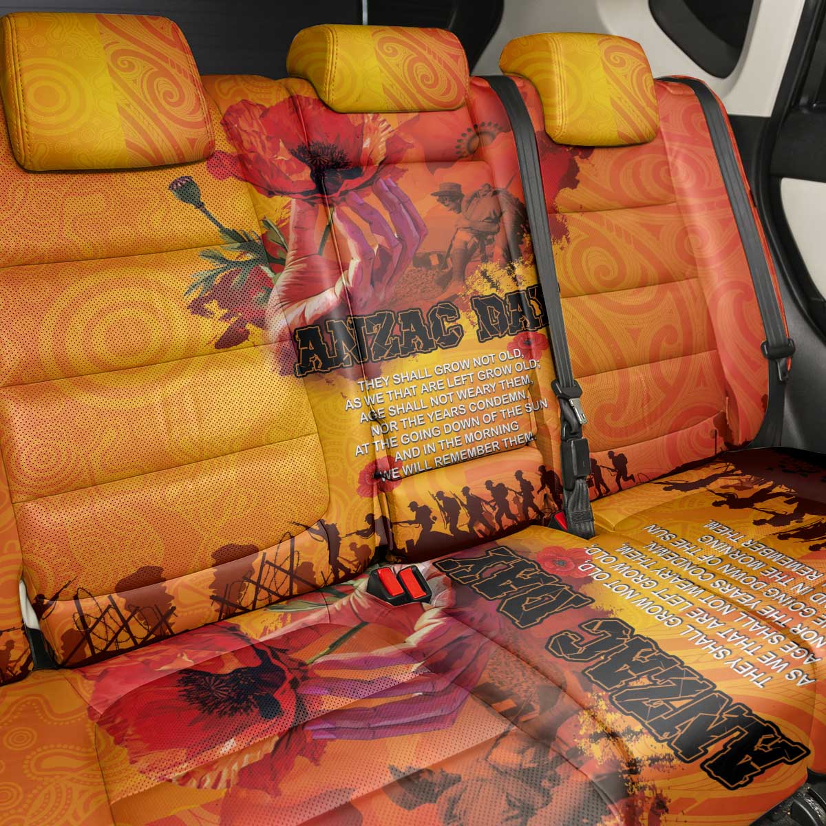 Australia and New Zealand ANZAC Day Back Car Seat Cover Soldiers Memories - Red Poppies with Aboriginal and Maori Art
