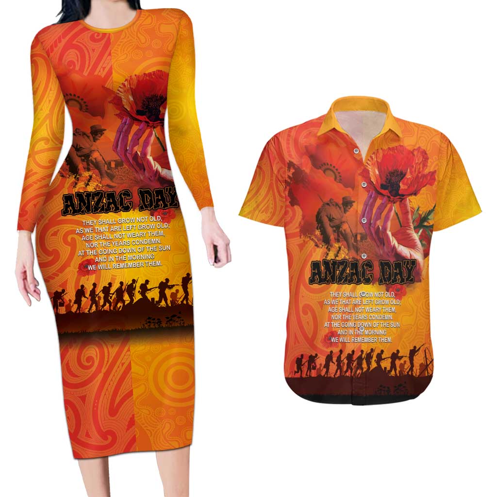 Australia and New Zealand ANZAC Day Couples Matching Long Sleeve Bodycon Dress and Hawaiian Shirt Soldiers Memories - Red Poppies with Aboriginal and Maori Art LT03 Orange-Yellow - Polynesian Pride