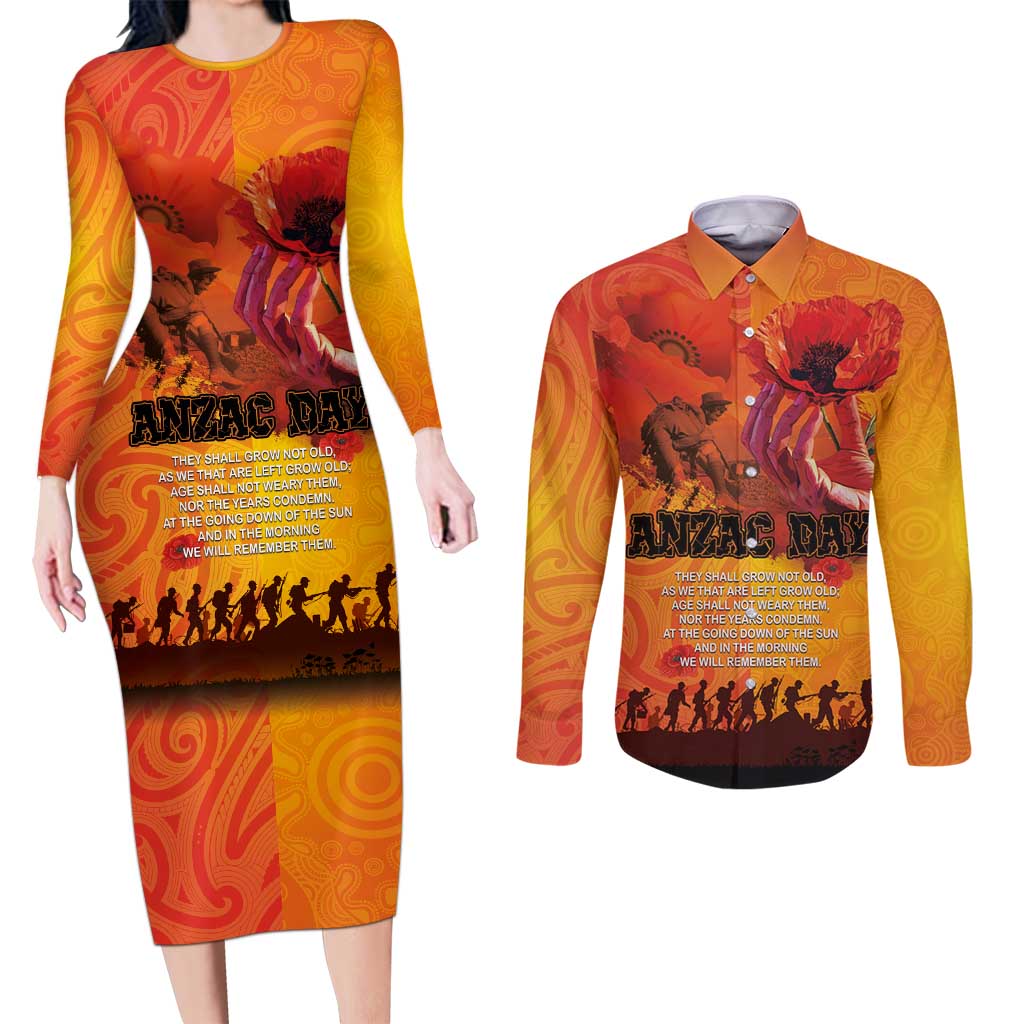 Australia and New Zealand ANZAC Day Couples Matching Long Sleeve Bodycon Dress and Long Sleeve Button Shirt Soldiers Memories - Red Poppies with Aboriginal and Maori Art LT03 Orange-Yellow - Polynesian Pride