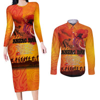 Australia and New Zealand ANZAC Day Couples Matching Long Sleeve Bodycon Dress and Long Sleeve Button Shirt Soldiers Memories - Red Poppies with Aboriginal and Maori Art LT03 Orange-Yellow - Polynesian Pride