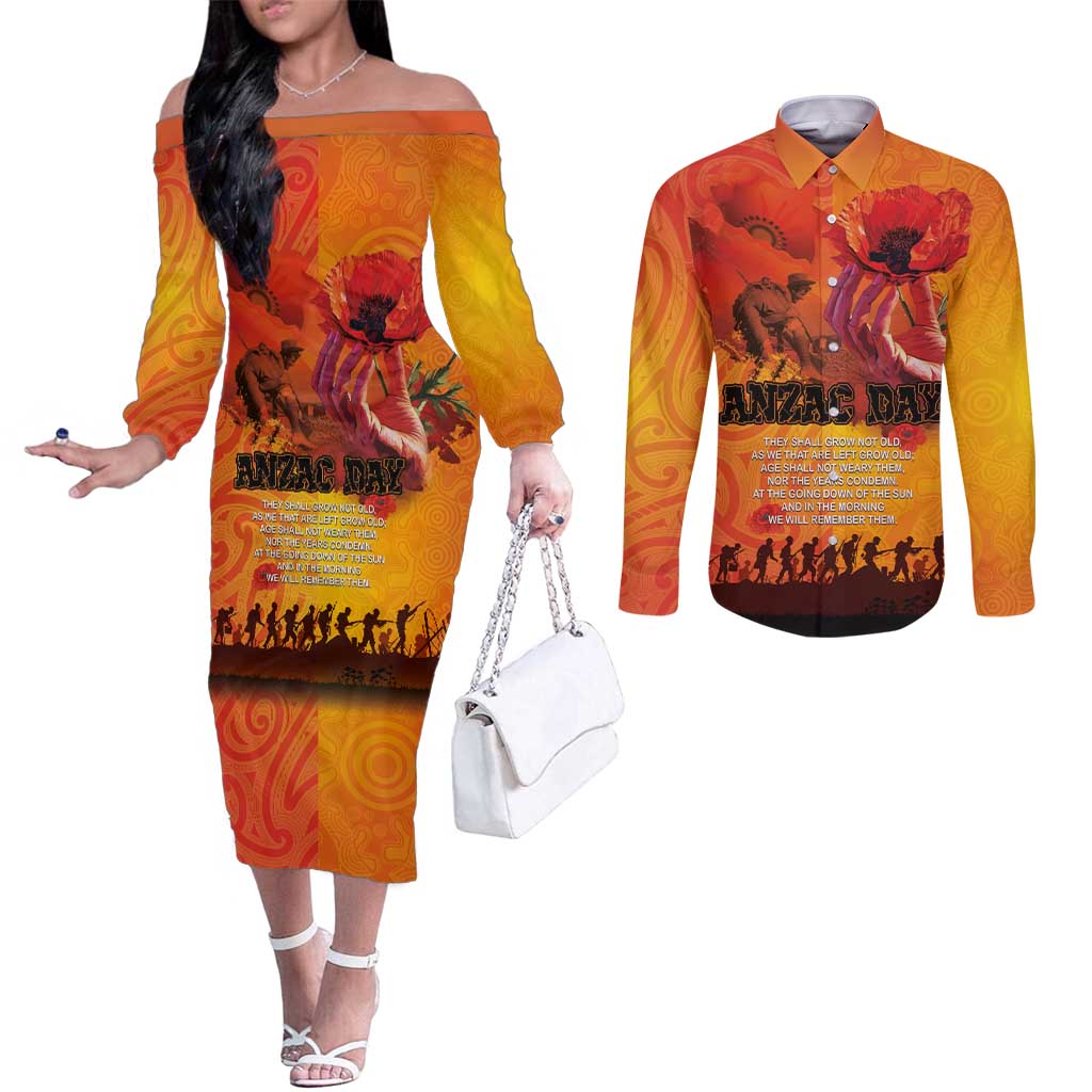 Australia and New Zealand ANZAC Day Couples Matching Off The Shoulder Long Sleeve Dress and Long Sleeve Button Shirt Soldiers Memories - Red Poppies with Aboriginal and Maori Art LT03 Orange-Yellow - Polynesian Pride
