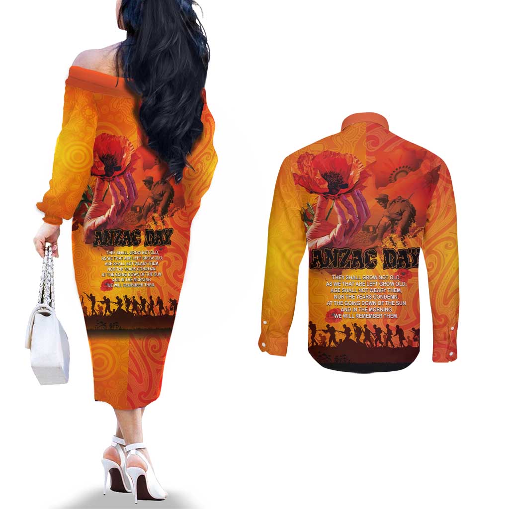 Australia and New Zealand ANZAC Day Couples Matching Off The Shoulder Long Sleeve Dress and Long Sleeve Button Shirt Soldiers Memories - Red Poppies with Aboriginal and Maori Art LT03 - Polynesian Pride