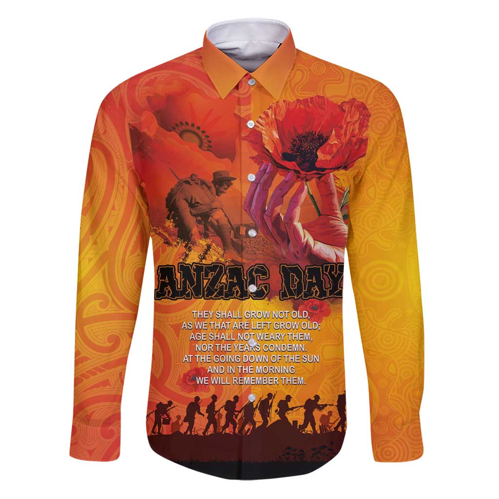 Australia and New Zealand ANZAC Day Family Matching Puletasi and Hawaiian Shirt Soldiers Memories - Red Poppies with Aboriginal and Maori Art LT03 Dad's Shirt - Long Sleeve Orange-Yellow - Polynesian Pride