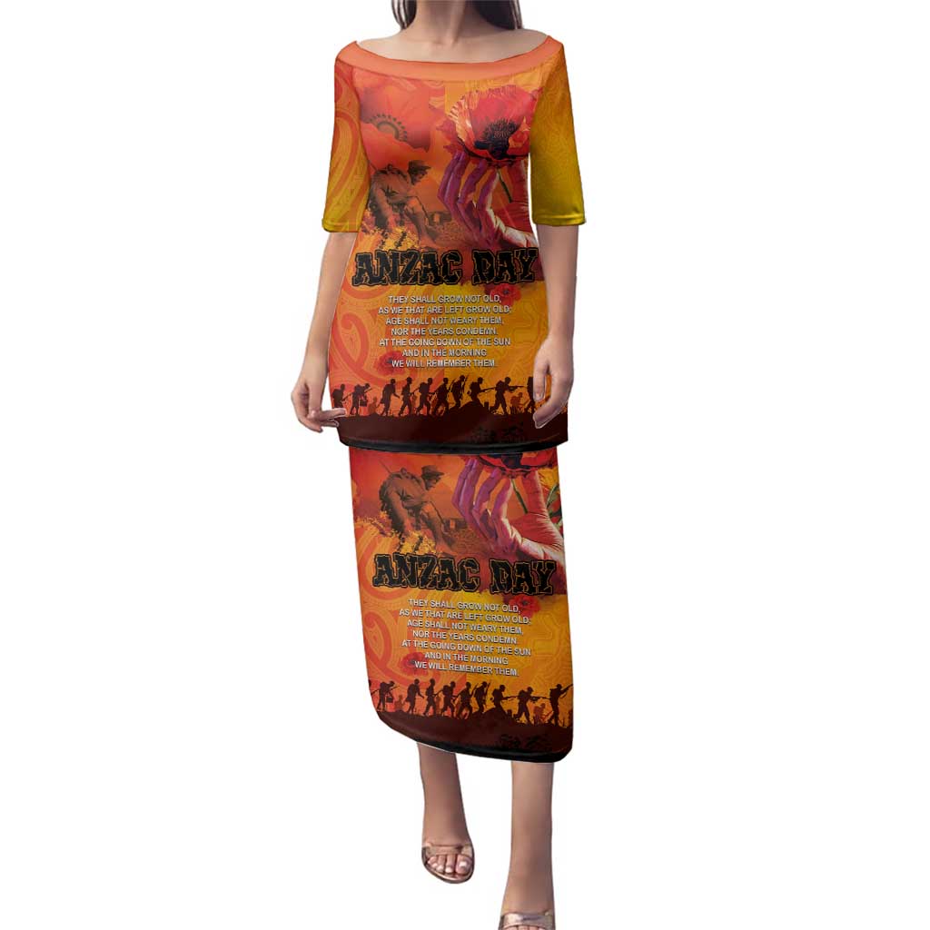 Australia and New Zealand ANZAC Day Family Matching Puletasi and Hawaiian Shirt Soldiers Memories - Red Poppies with Aboriginal and Maori Art LT03 Mom's Dress Orange-Yellow - Polynesian Pride