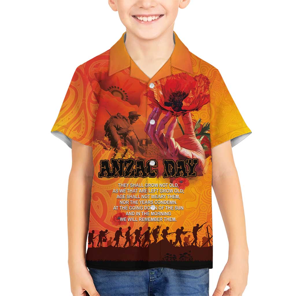 Australia and New Zealand ANZAC Day Family Matching Puletasi and Hawaiian Shirt Soldiers Memories - Red Poppies with Aboriginal and Maori Art LT03 Son's Shirt Orange-Yellow - Polynesian Pride
