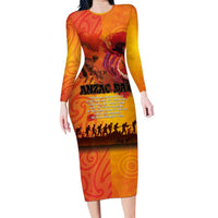 Australia and New Zealand ANZAC Day Long Sleeve Bodycon Dress Soldiers Memories - Red Poppies with Aboriginal and Maori Art
