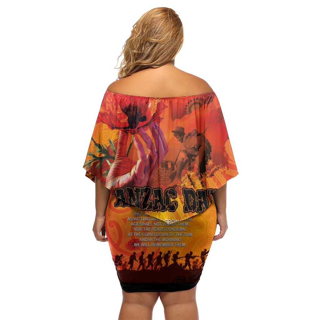 Australia and New Zealand ANZAC Day Off Shoulder Short Dress Soldiers Memories - Red Poppies with Aboriginal and Maori Art