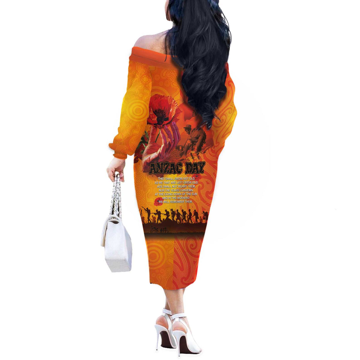 Australia and New Zealand ANZAC Day Off The Shoulder Long Sleeve Dress Soldiers Memories - Red Poppies with Aboriginal and Maori Art