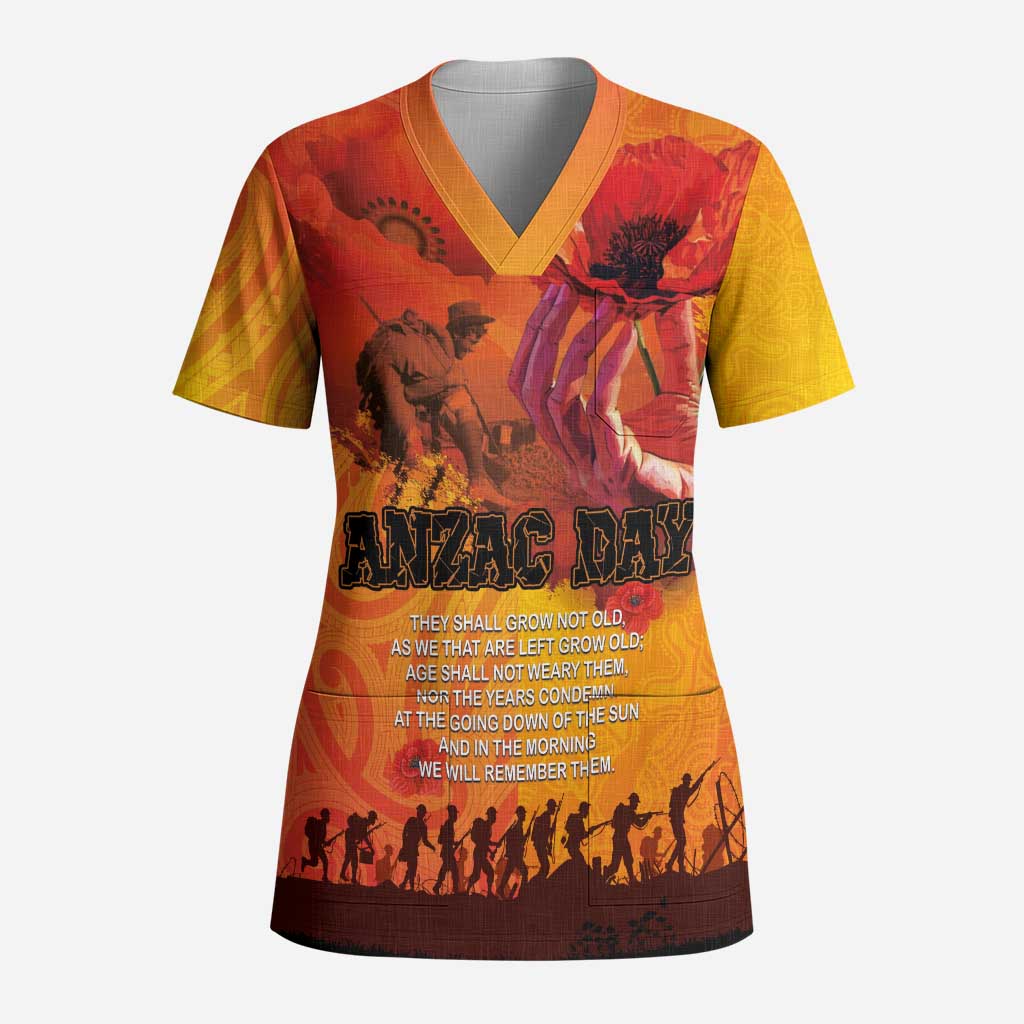 Australia and New Zealand ANZAC Day Scrub Top Soldiers Memories - Red Poppies with Aboriginal and Maori Art - Polynesian Pride