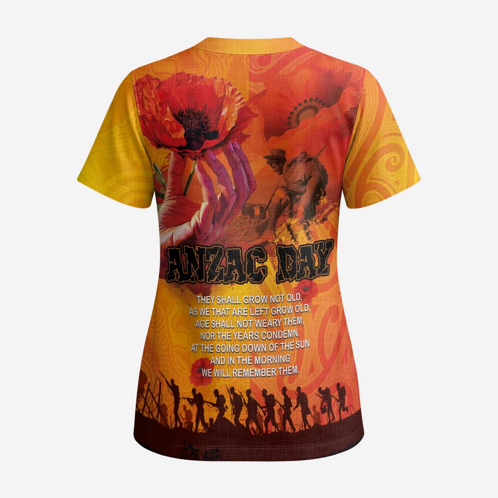 Australia and New Zealand ANZAC Day Scrub Top Soldiers Memories - Red Poppies with Aboriginal and Maori Art - Polynesian Pride