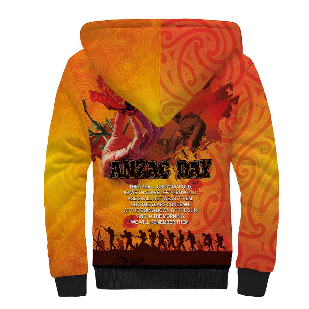 Australia and New Zealand ANZAC Day Sherpa Hoodie Soldiers Memories - Red Poppies with Aboriginal and Maori Art