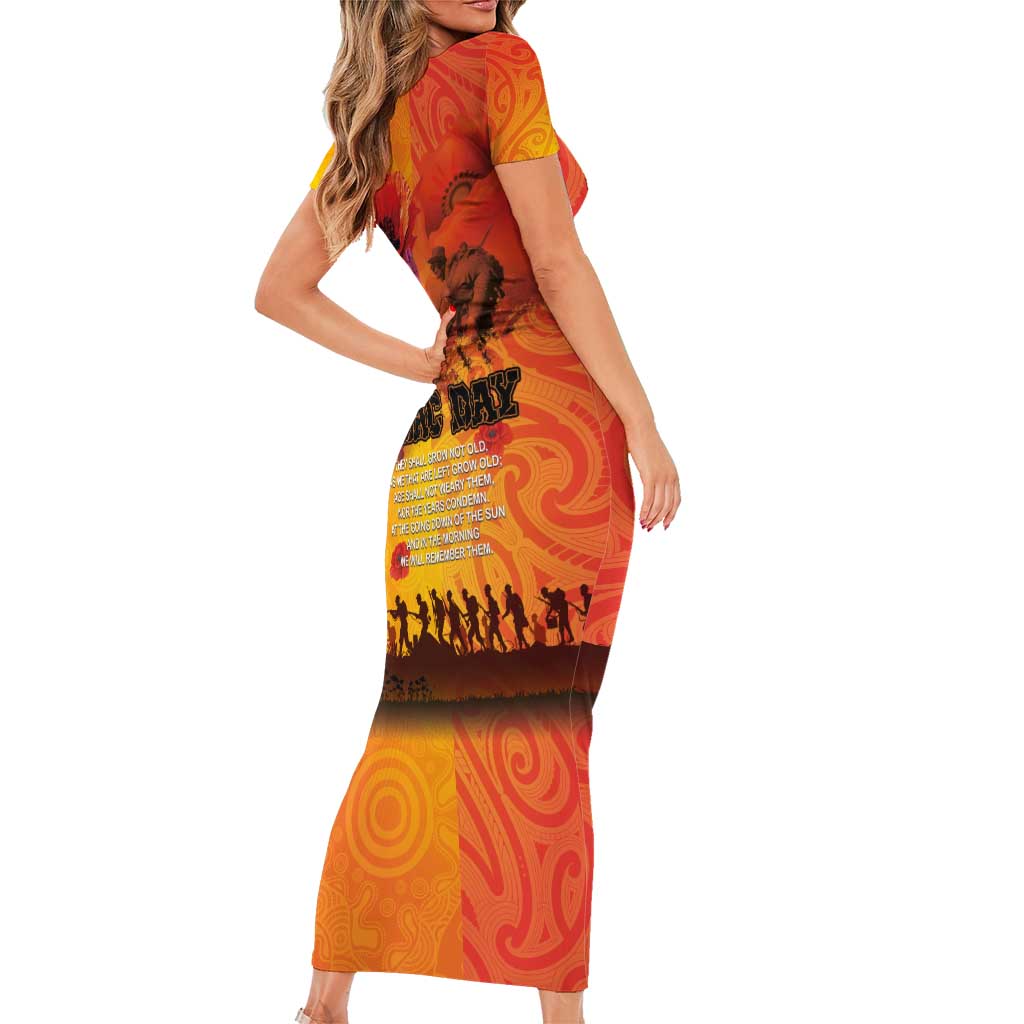 Australia and New Zealand ANZAC Day Short Sleeve Bodycon Dress Soldiers Memories - Red Poppies with Aboriginal and Maori Art
