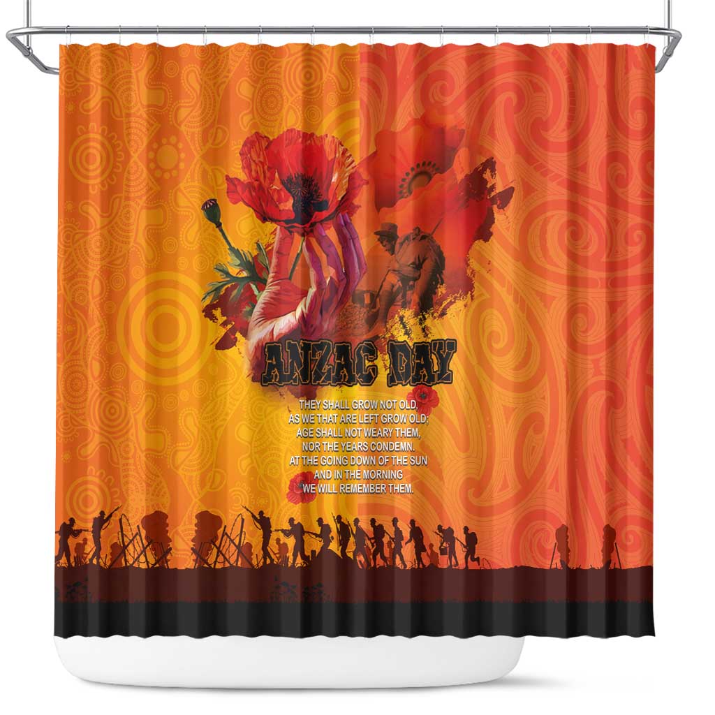 Australia and New Zealand ANZAC Day Shower Curtain Soldiers Memories - Red Poppies with Aboriginal and Maori Art
