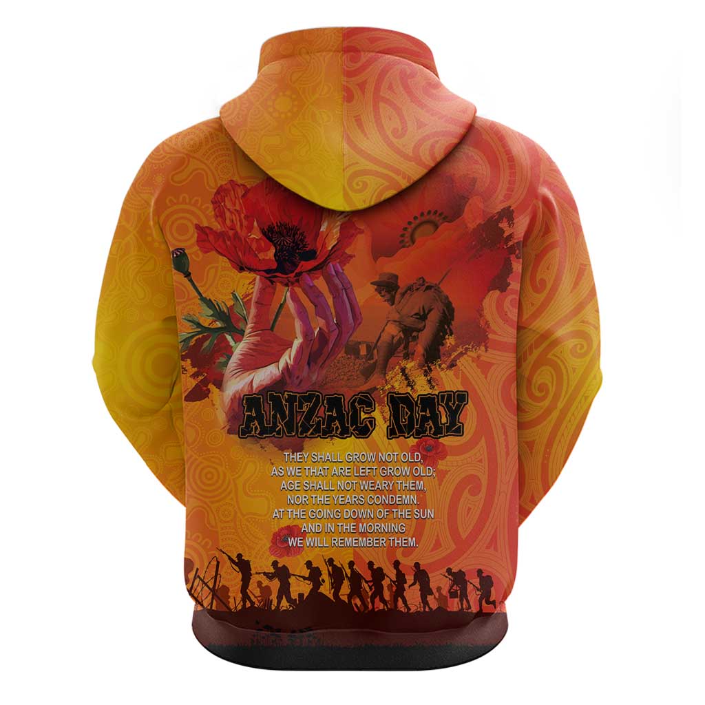 Australia and New Zealand ANZAC Day Zip Hoodie Soldiers Memories - Red Poppies with Aboriginal and Maori Art