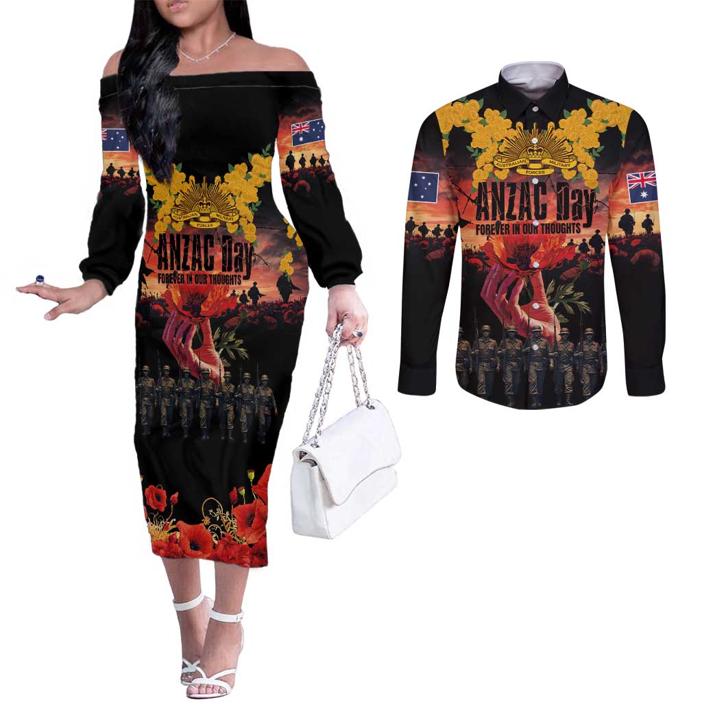 Australia ANZAC Day Couples Matching Off The Shoulder Long Sleeve Dress and Long Sleeve Button Shirt Forever in My Thoughts LT03 Black - Polynesian Pride