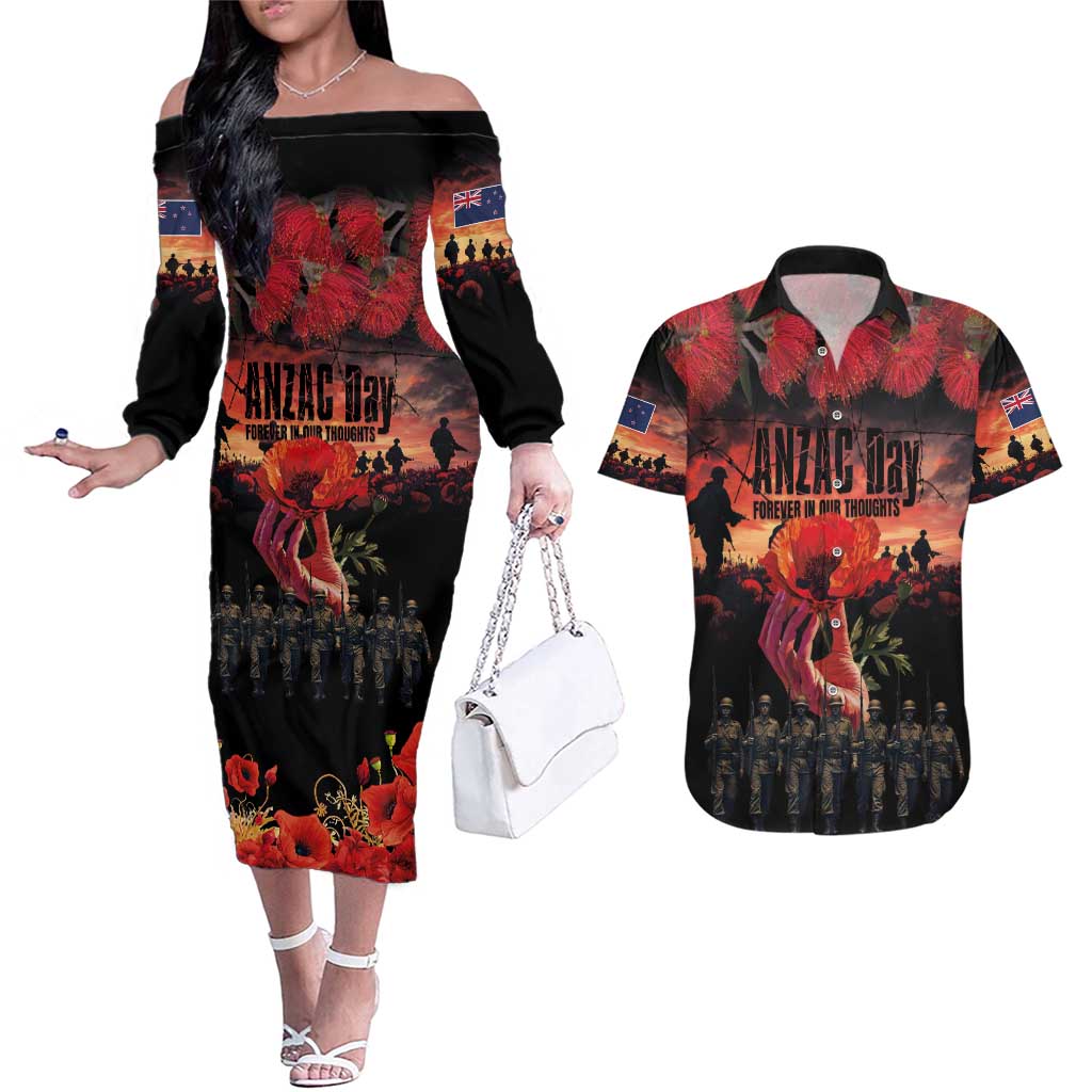 New Zealand ANZAC Day Couples Matching Off The Shoulder Long Sleeve Dress and Hawaiian Shirt Forever in My Thoughts LT03 Black - Polynesian Pride