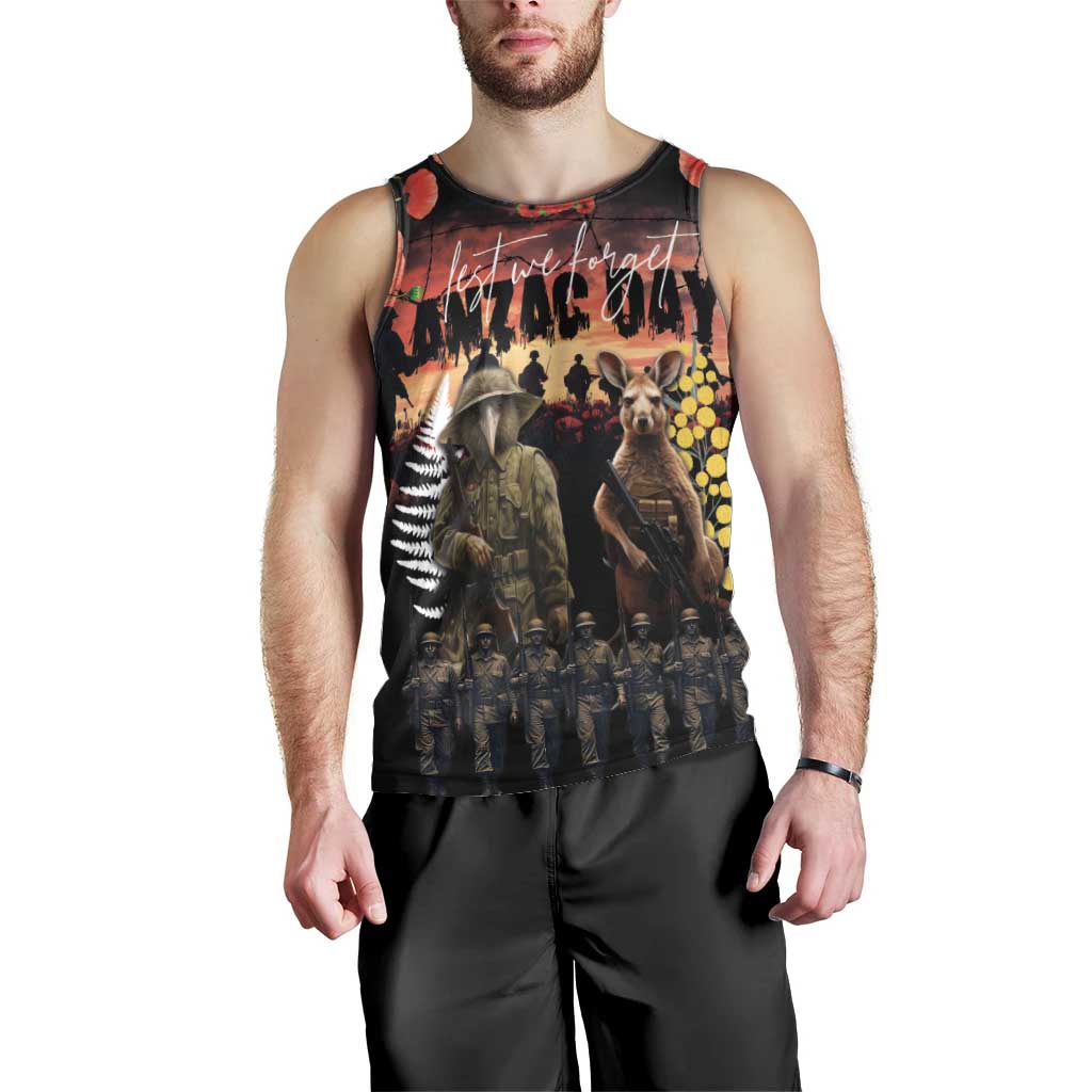 Australia and New Zealand ANZAC Day Men Tank Top Kangaroo and Kiwi Bird Soldier - Forever in My Thoughts