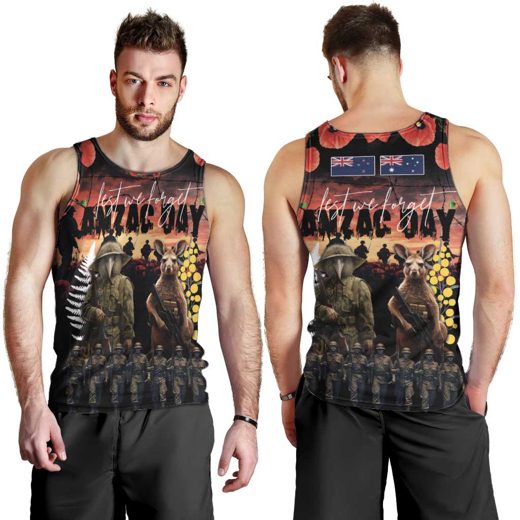 Australia and New Zealand ANZAC Day Men Tank Top Kangaroo and Kiwi Bird Soldier - Forever in My Thoughts