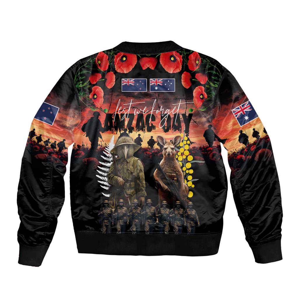 Australia and New Zealand ANZAC Day Sleeve Zip Bomber Jacket Kangaroo and Kiwi Bird Soldier - Forever in My Thoughts