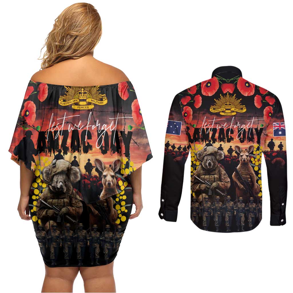 Australia ANZAC Day Couples Matching Off Shoulder Short Dress and Long Sleeve Button Shirt Kangaroo and Koala Soldier - Forever in My Thoughts
