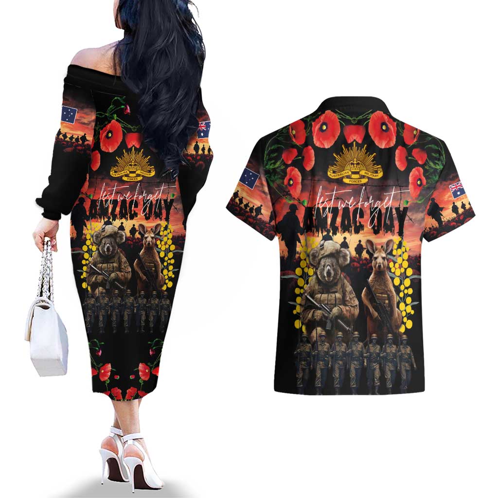 Australia ANZAC Day Couples Matching Off The Shoulder Long Sleeve Dress and Hawaiian Shirt Kangaroo and Koala Soldier - Forever in My Thoughts