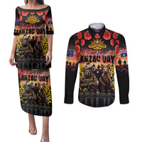 Australia ANZAC Day Couples Matching Puletasi and Long Sleeve Button Shirt Kangaroo and Koala Soldier - Forever in My Thoughts LT03 Black - Polynesian Pride