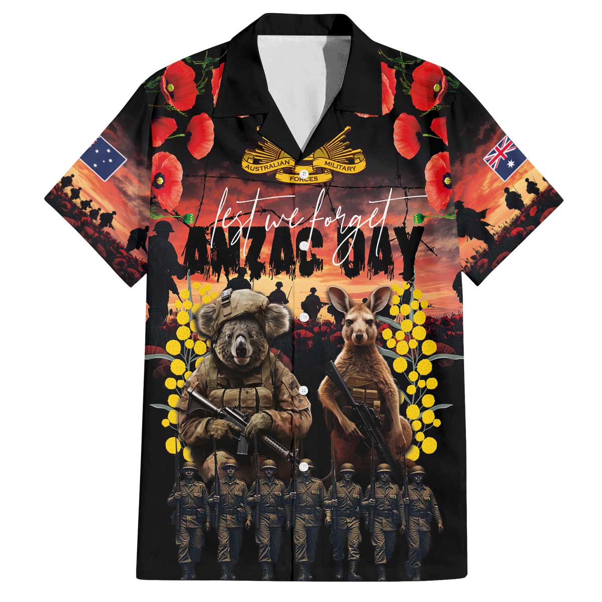 Australia ANZAC Day Family Matching Off The Shoulder Long Sleeve Dress and Hawaiian Shirt Kangaroo and Koala Soldier - Forever in My Thoughts