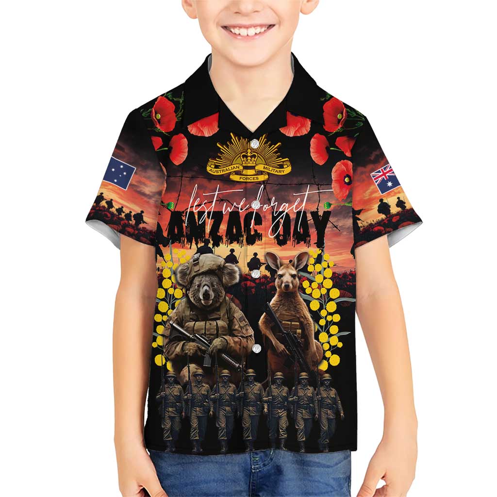 Australia ANZAC Day Family Matching Short Sleeve Bodycon Dress and Hawaiian Shirt Kangaroo and Koala Soldier - Forever in My Thoughts