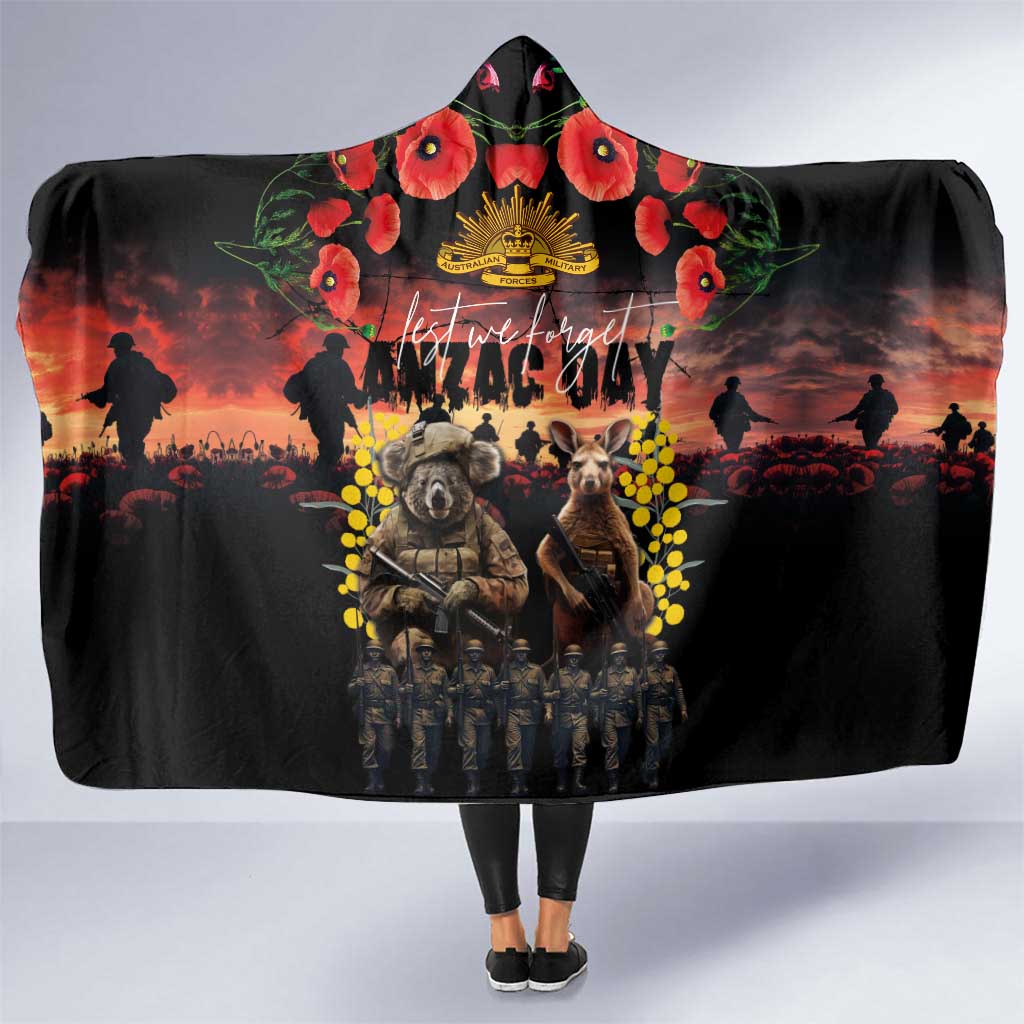 Australia ANZAC Day Hooded Blanket Kangaroo and Koala Soldier - Forever in My Thoughts LT03 One Size Black - Polynesian Pride
