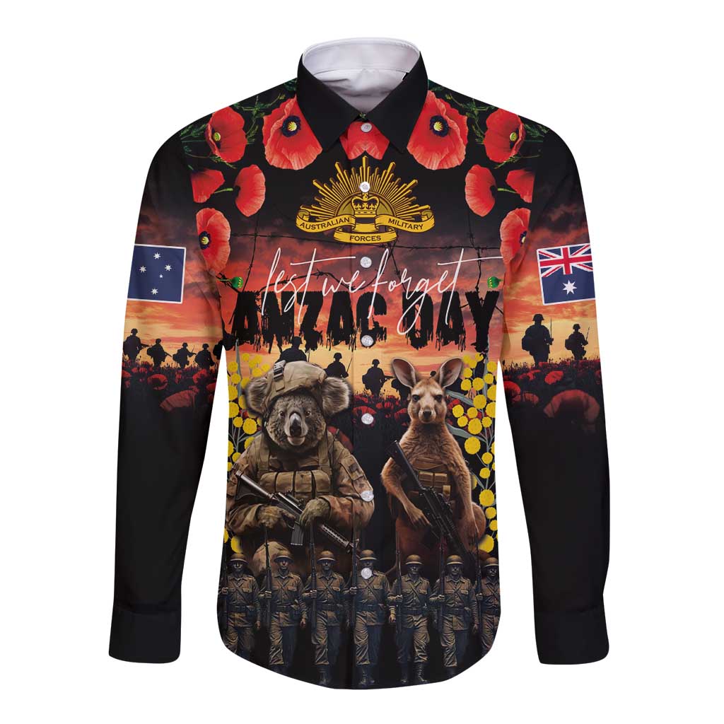 Australia ANZAC Day Long Sleeve Button Shirt Kangaroo and Koala Soldier - Forever in My Thoughts LT03 Unisex Black - Polynesian Pride