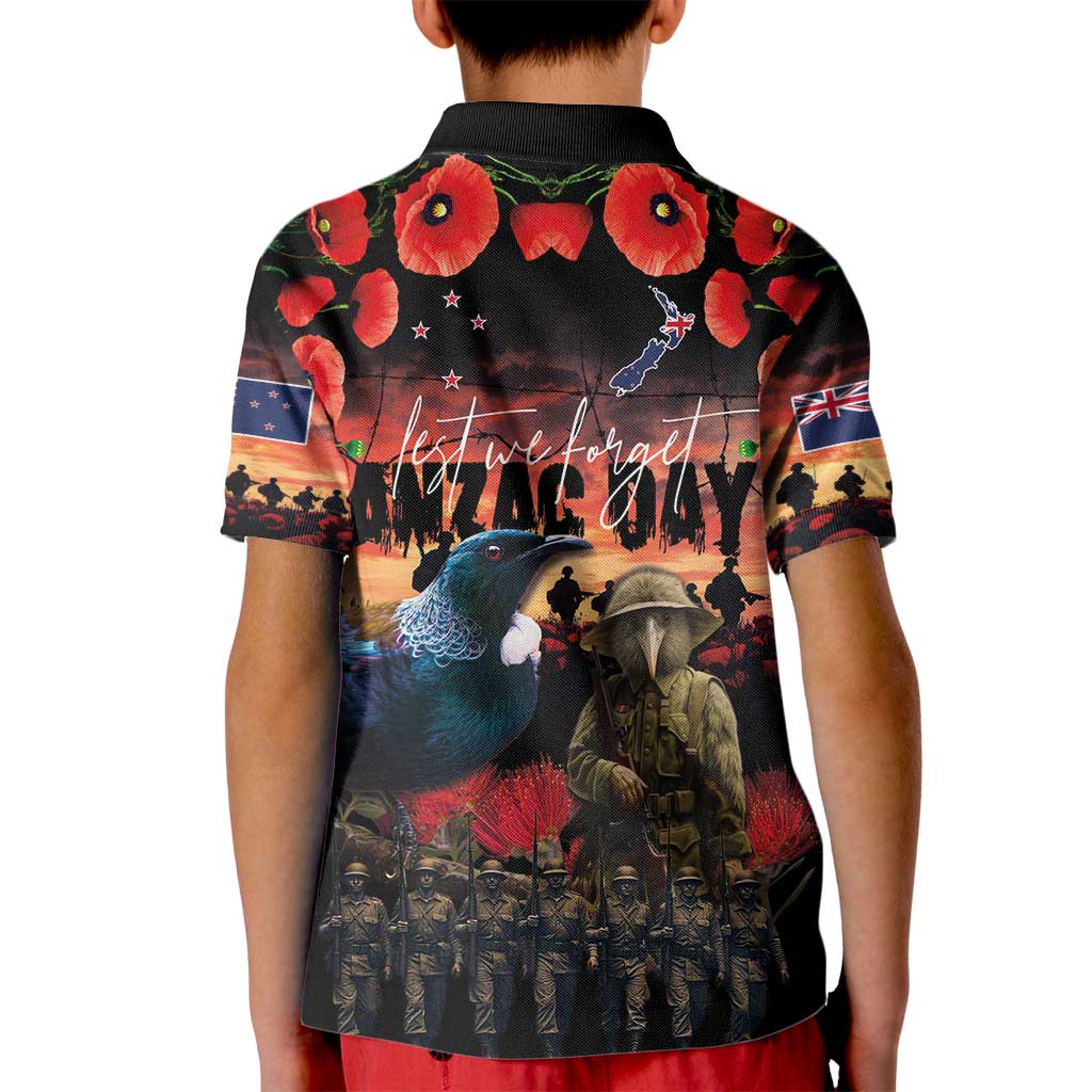 New Zealand ANZAC Day Kid Polo Shirt Tui Bird and Kiwi Bird Soldier - Forever in My Thoughts