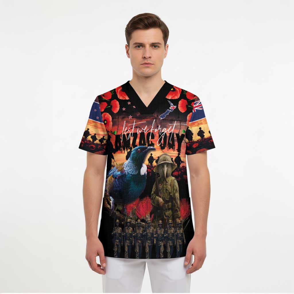New Zealand ANZAC Day Scrub Top Tui Bird and Kiwi Bird Soldier - Forever in My Thoughts - Polynesian Pride