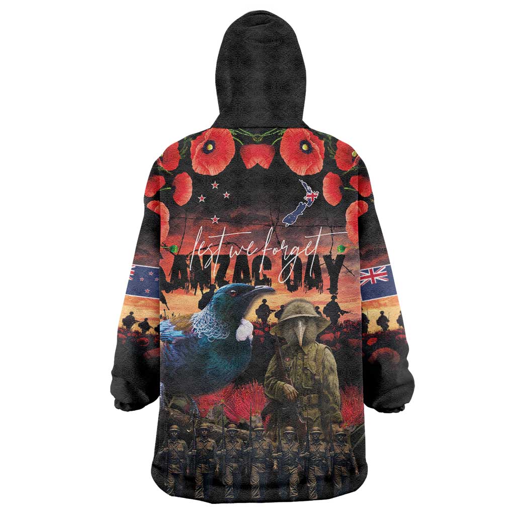 New Zealand ANZAC Day Wearable Blanket Hoodie Tui Bird and Kiwi Bird Soldier - Forever in My Thoughts
