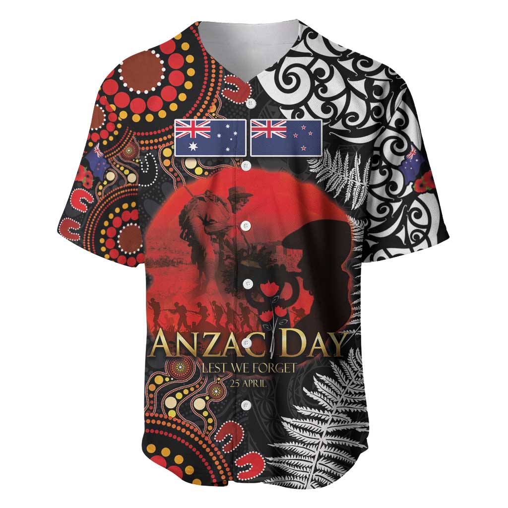 Australia and New Zealand ANZAC Day Baseball Jersey Aboriginal and Maori Art Pattern - Gallipoli Lest We Forget LT03 Black - Polynesian Pride