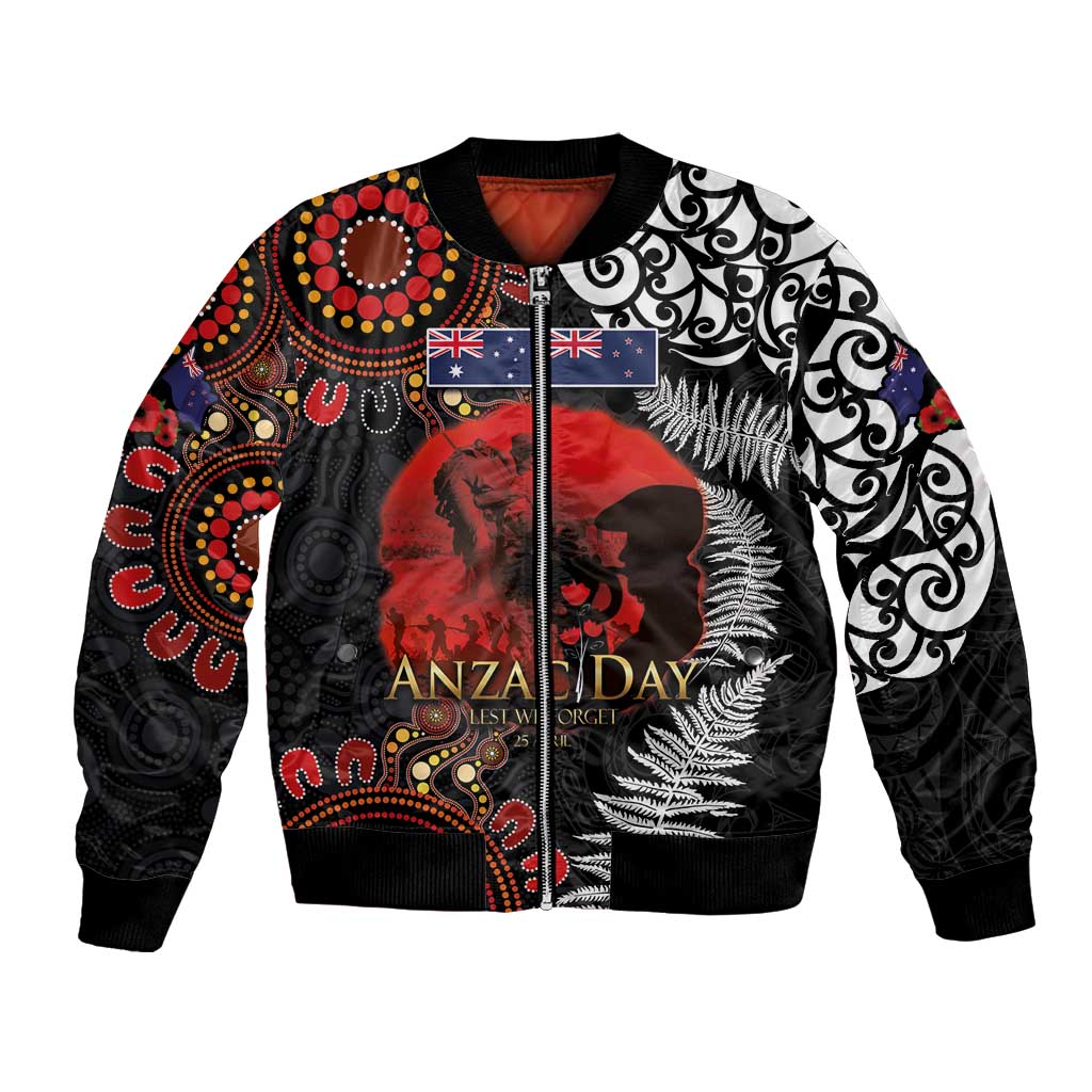 Australia and New Zealand ANZAC Day Bomber Jacket Aboriginal and Maori Art Pattern - Gallipoli Lest We Forget