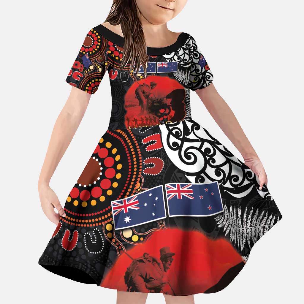 Australia and New Zealand ANZAC Day Family Matching Summer Maxi Dress and Hawaiian Shirt Aboriginal and Maori Art Pattern - Gallipoli Lest We Forget LT03 Daughter's Dress Black - Polynesian Pride