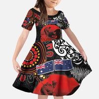 Australia and New Zealand ANZAC Day Family Matching Summer Maxi Dress and Hawaiian Shirt Aboriginal and Maori Art Pattern - Gallipoli Lest We Forget LT03 Daughter's Dress Black - Polynesian Pride