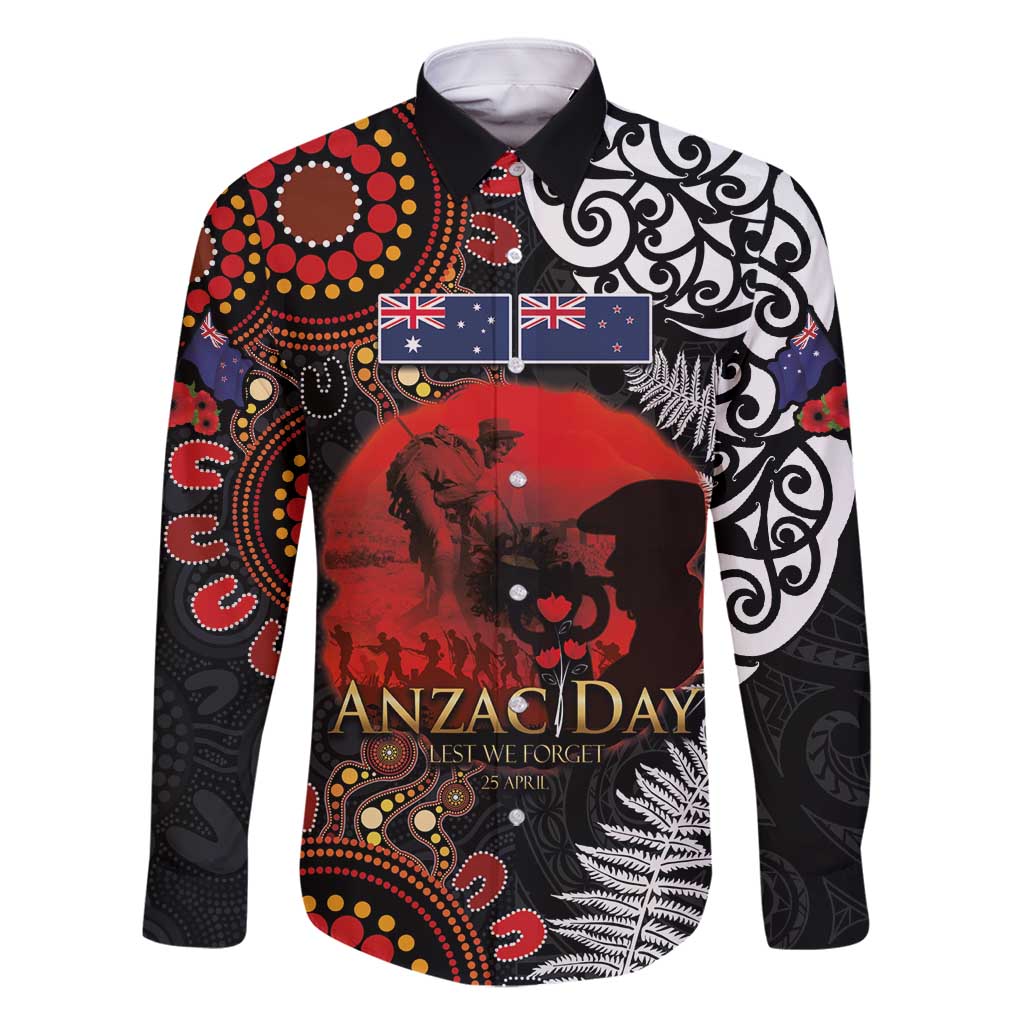 Australia and New Zealand ANZAC Day Family Matching Summer Maxi Dress and Hawaiian Shirt Aboriginal and Maori Art Pattern - Gallipoli Lest We Forget LT03 Dad's Shirt - Long Sleeve Black - Polynesian Pride