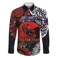 Australia and New Zealand ANZAC Day Family Matching Summer Maxi Dress and Hawaiian Shirt Aboriginal and Maori Art Pattern - Gallipoli Lest We Forget LT03 Dad's Shirt - Long Sleeve Black - Polynesian Pride