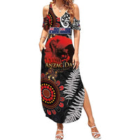 Australia and New Zealand ANZAC Day Family Matching Summer Maxi Dress and Hawaiian Shirt Aboriginal and Maori Art Pattern - Gallipoli Lest We Forget LT03 Mom's Dress Black - Polynesian Pride