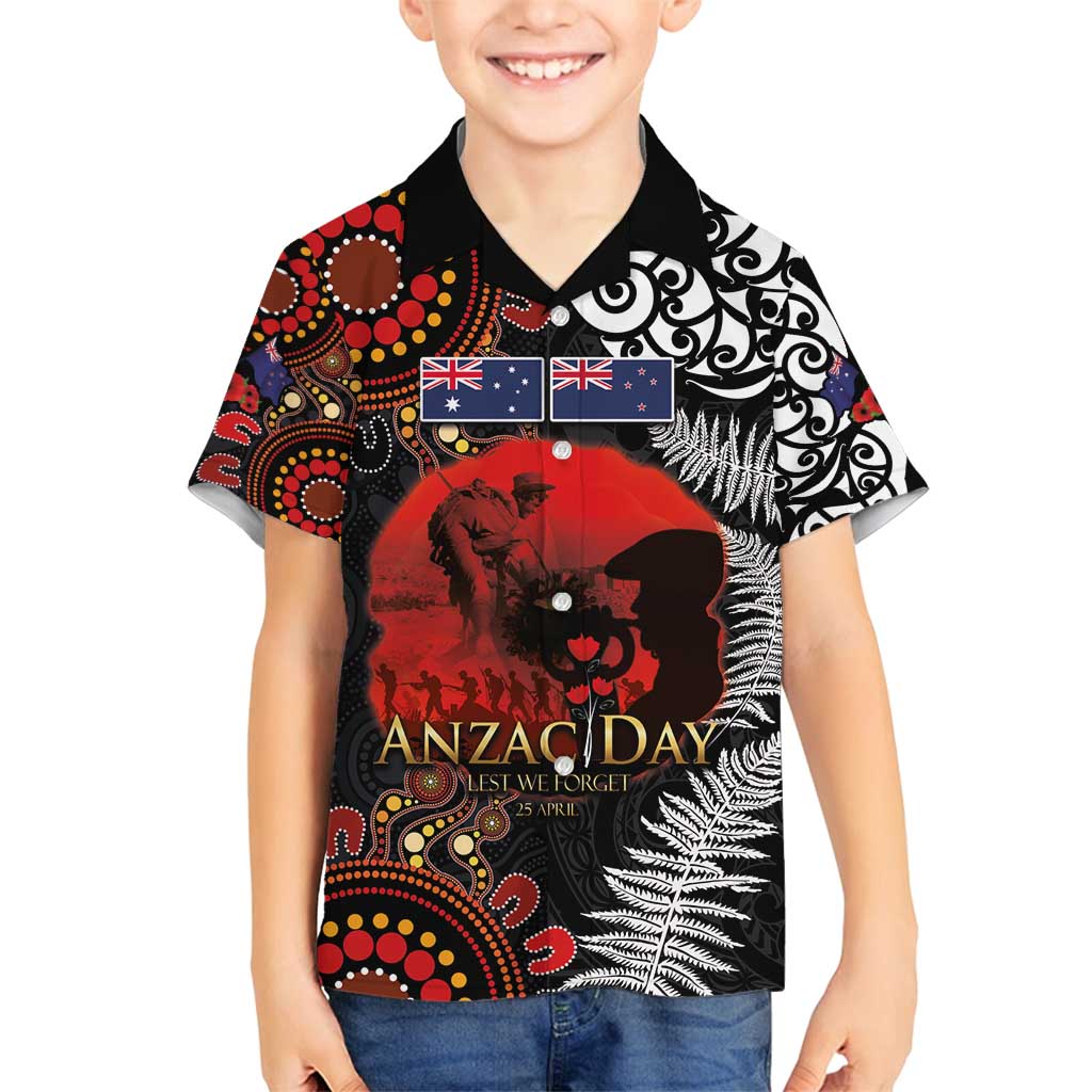Australia and New Zealand ANZAC Day Family Matching Summer Maxi Dress and Hawaiian Shirt Aboriginal and Maori Art Pattern - Gallipoli Lest We Forget LT03 Son's Shirt Black - Polynesian Pride