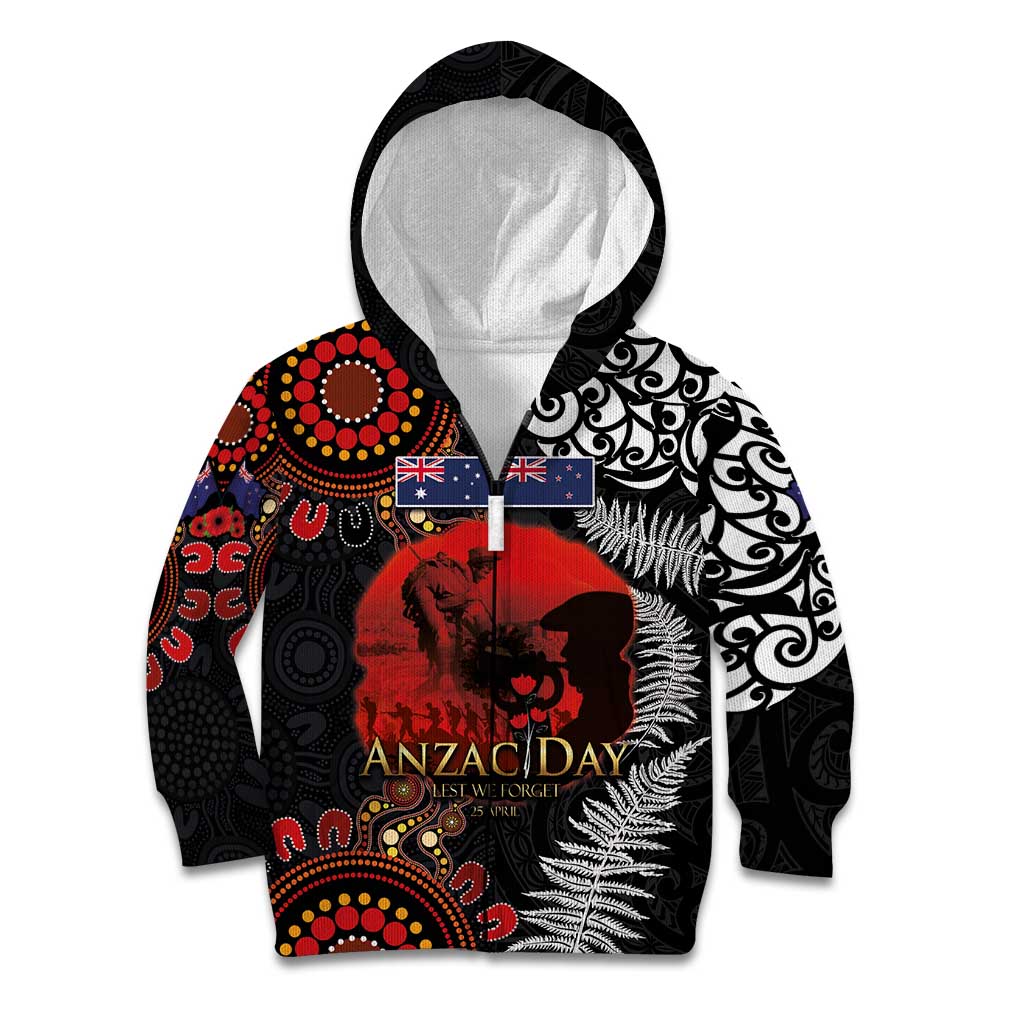 Australia and New Zealand ANZAC Day Kid Hoodie Aboriginal and Maori Art Pattern - Gallipoli Lest We Forget