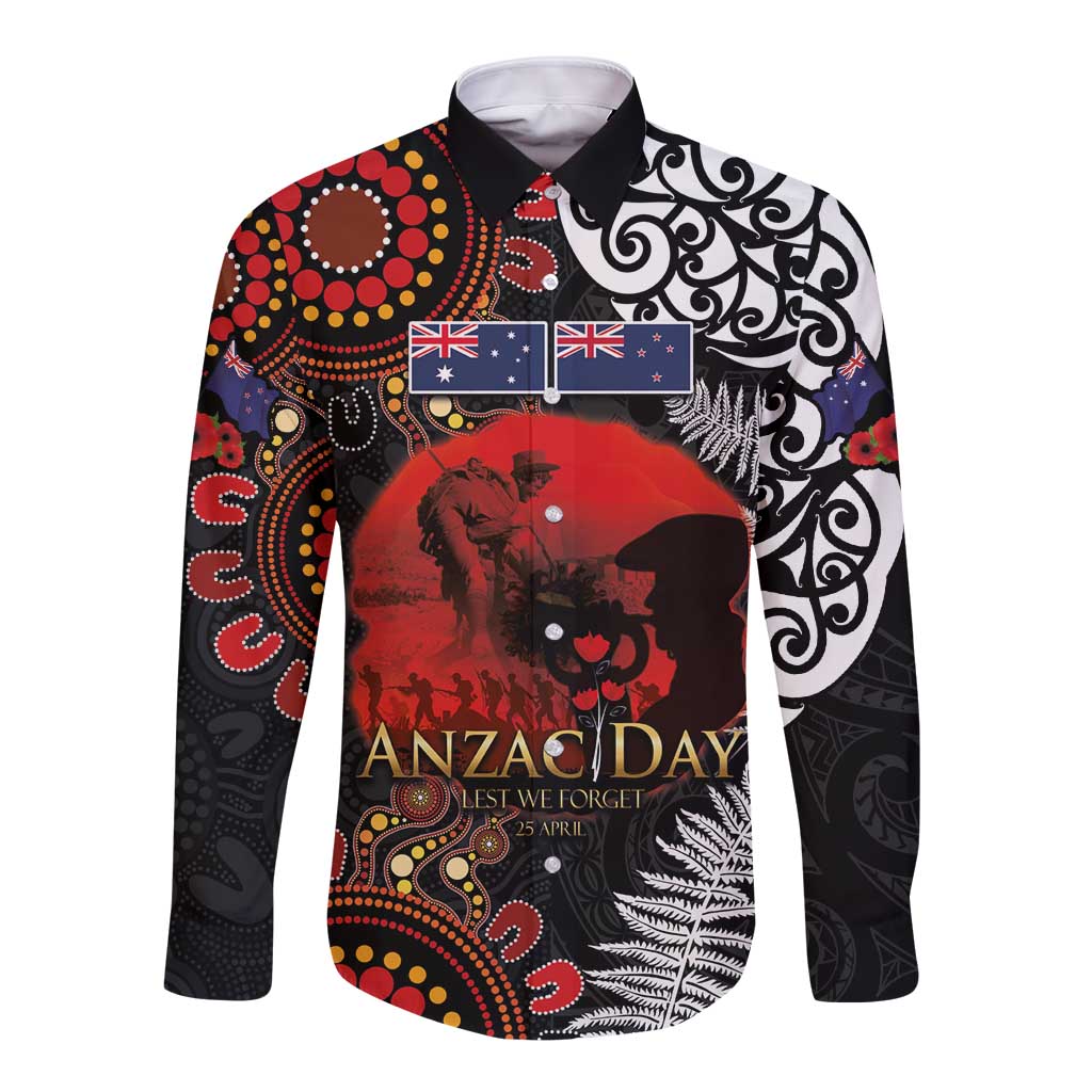 Australia and New Zealand ANZAC Day Long Sleeve Button Shirt Aboriginal and Maori Art Pattern - Gallipoli Lest We Forget LT03 Unisex Black - Polynesian Pride