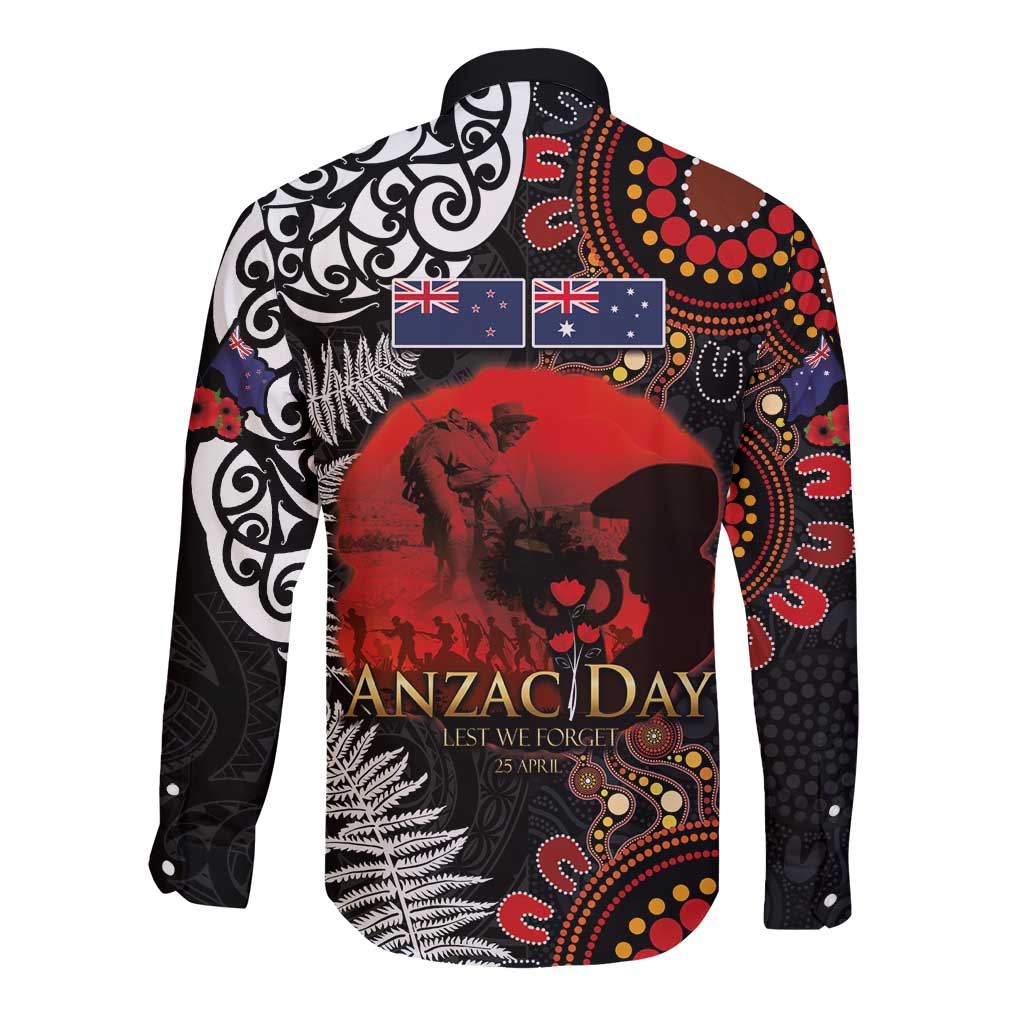Australia and New Zealand ANZAC Day Long Sleeve Button Shirt Aboriginal and Maori Art Pattern - Gallipoli Lest We Forget LT03 - Polynesian Pride