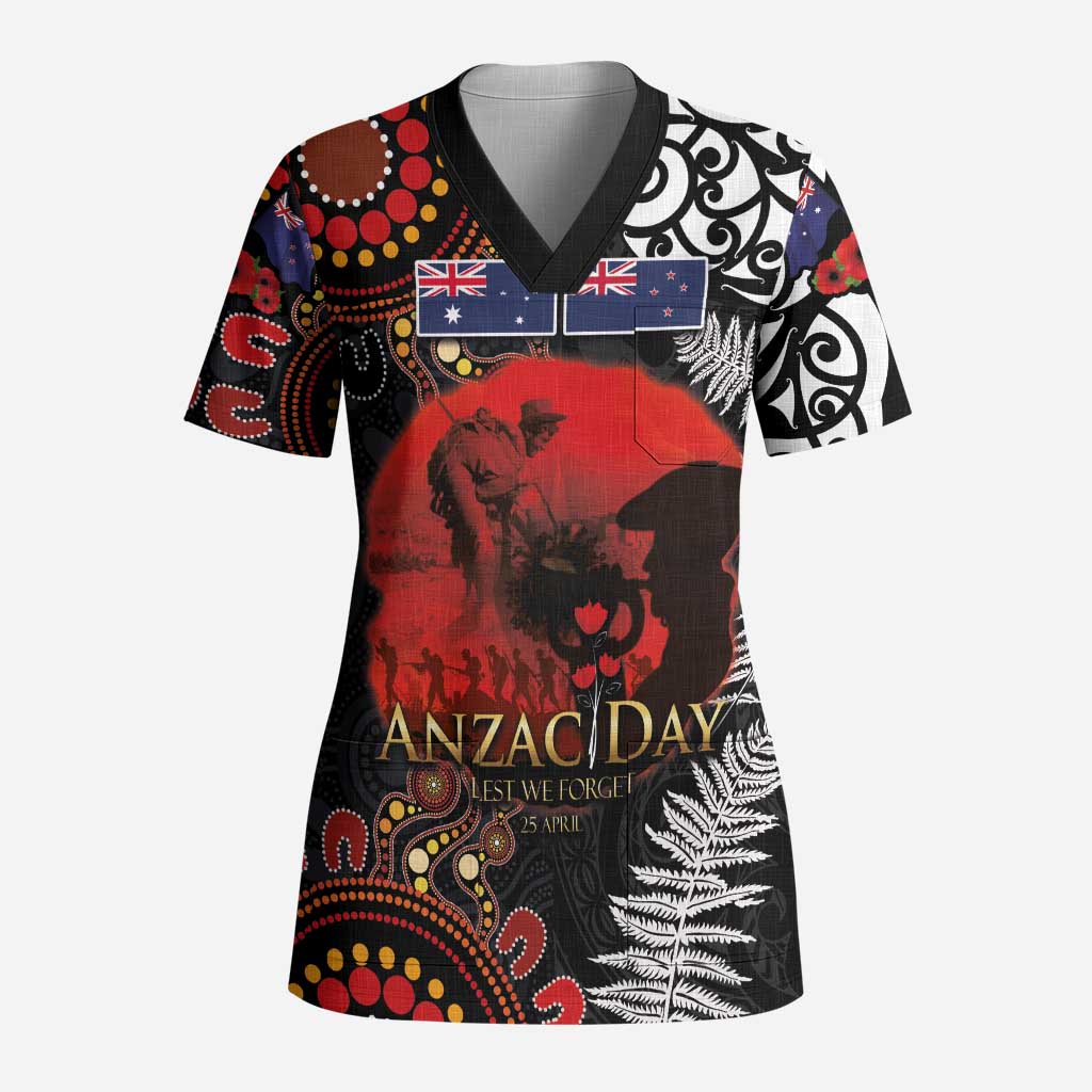 Australia and New Zealand ANZAC Day Scrub Top Aboriginal and Maori Art Pattern - Gallipoli Lest We Forget - Polynesian Pride