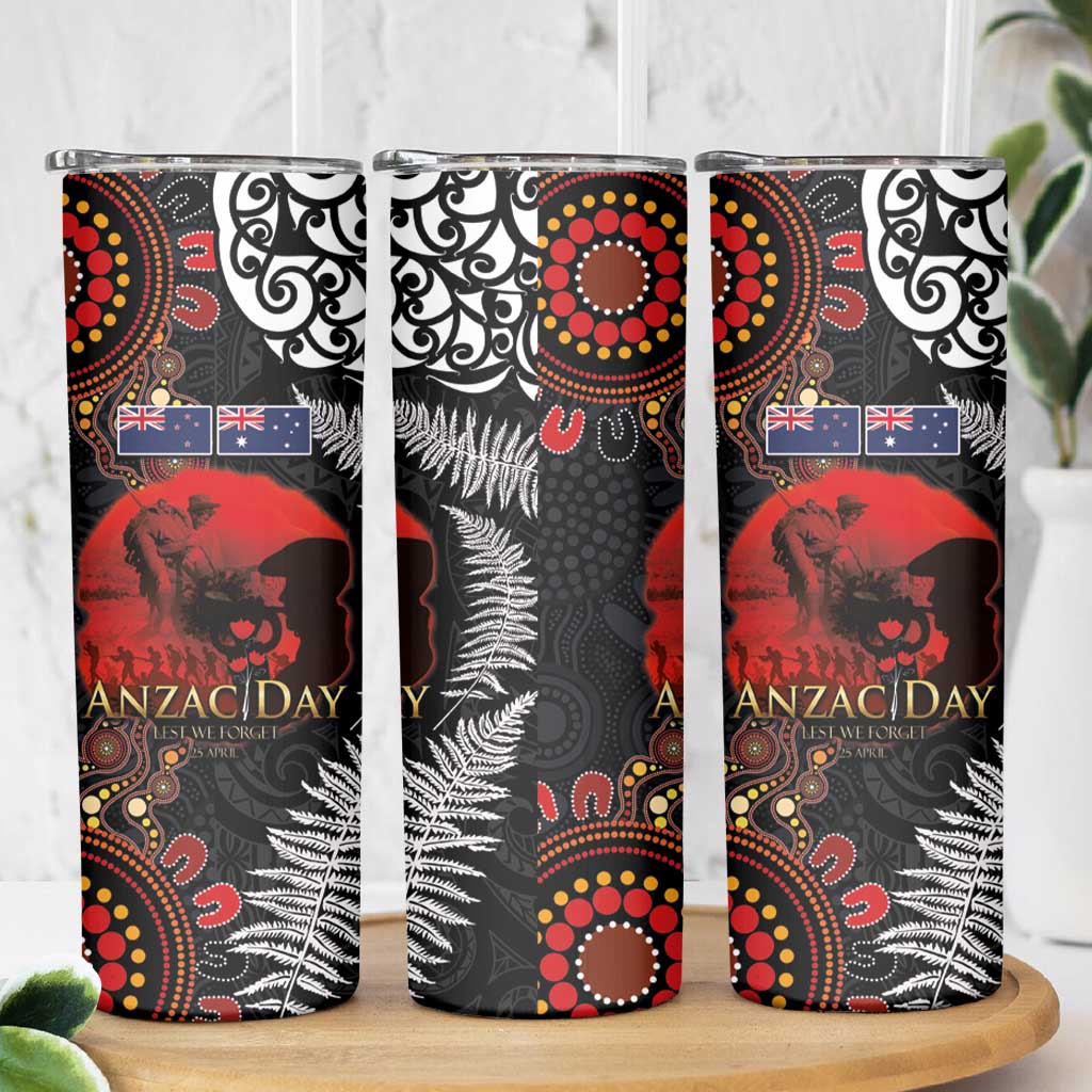 Australia and New Zealand ANZAC Day Skinny Tumbler Aboriginal and Maori Art Pattern Gallipoli Lest We Forget