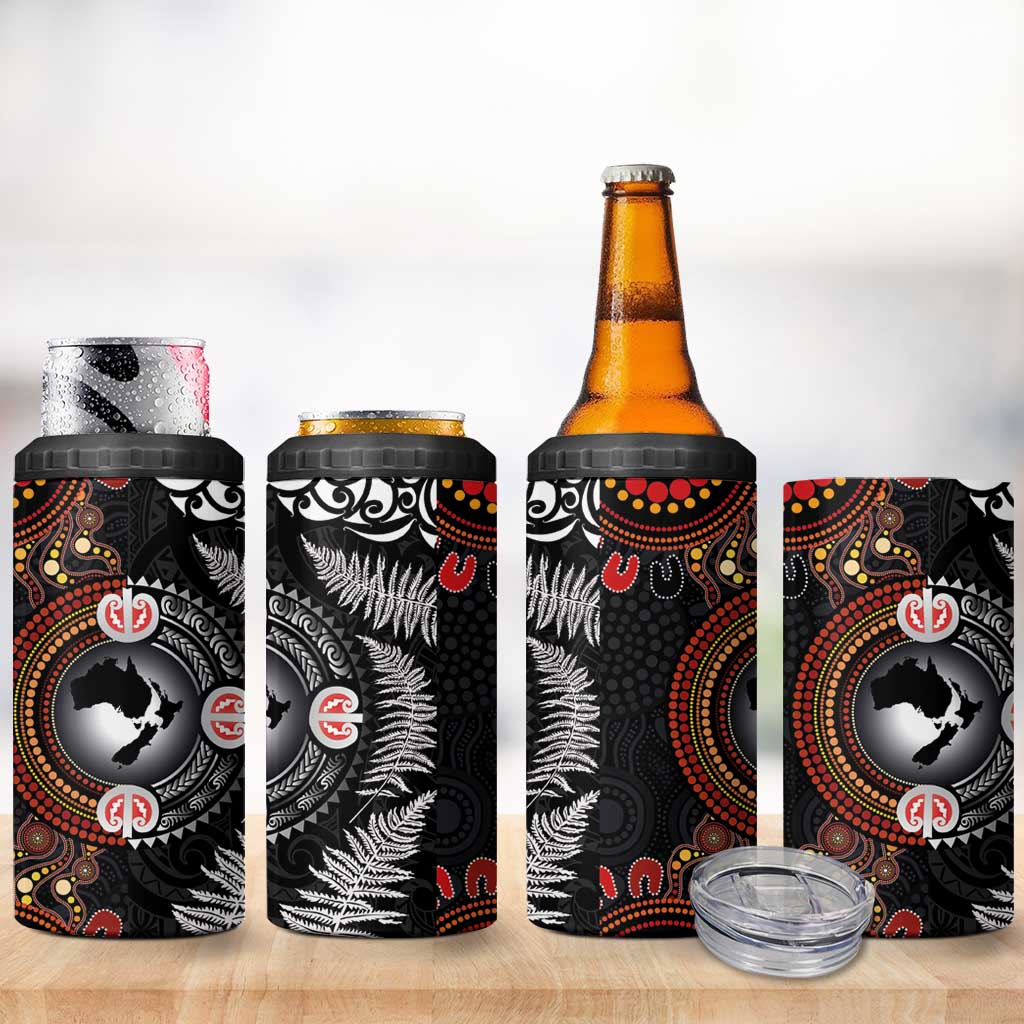 Australia and New Zealand Together 4 in 1 Can Cooler Tumbler Aboriginal and Maori Art Tattoo