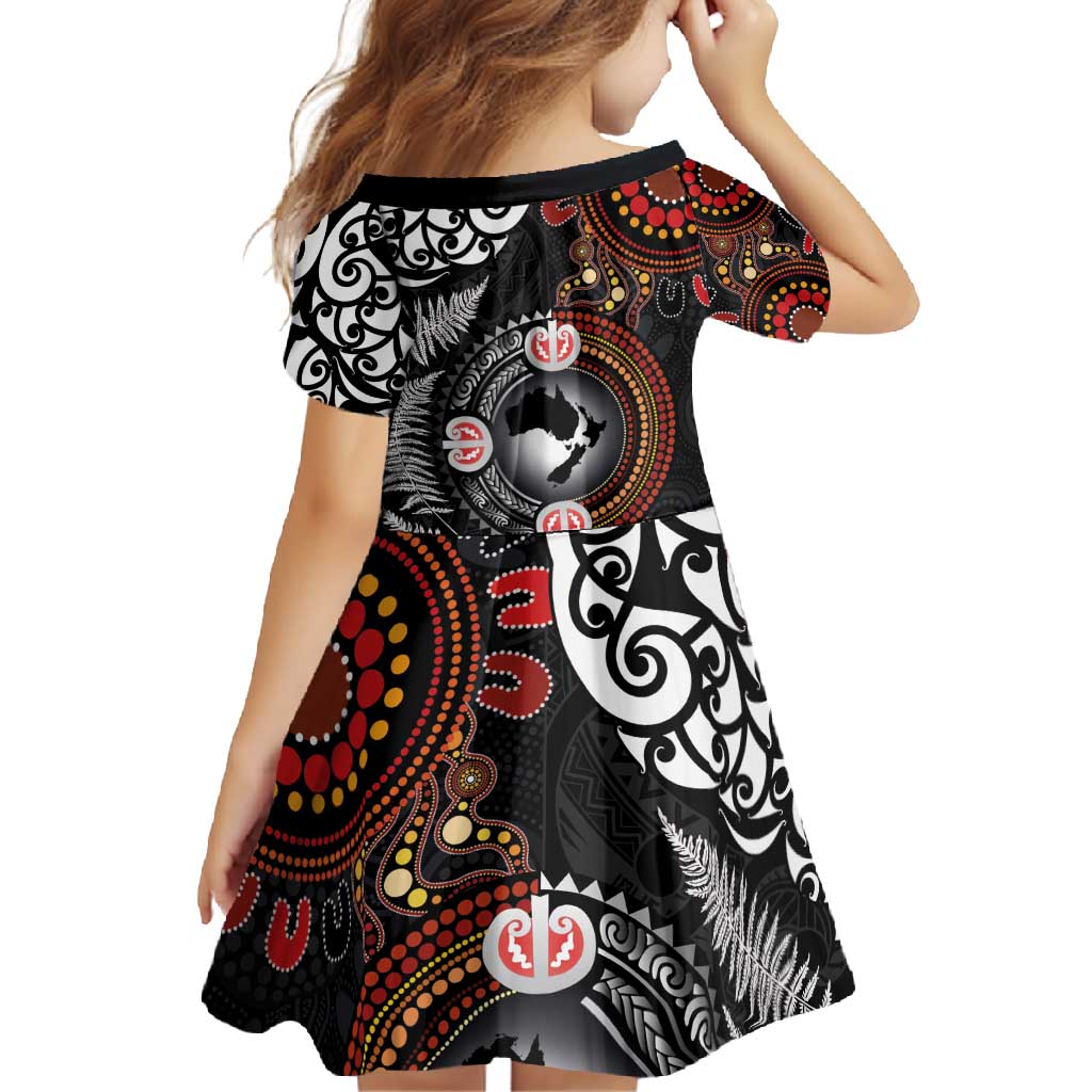 Australia and New Zealand Together Family Matching Long Sleeve Bodycon Dress and Hawaiian Shirt Aboriginal and Maori Art Tattoo